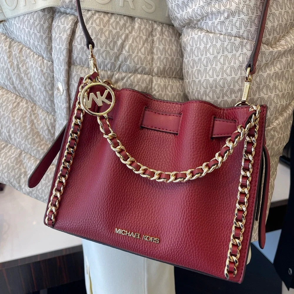 MICHAEL KORS Mina Small Chain Crossbody XBody Bag Belt Chain Inlay Cherry NWT